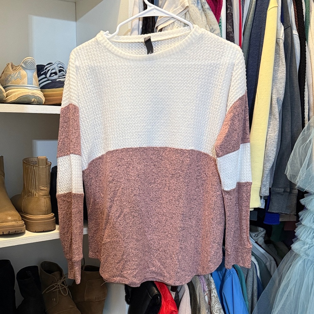Colorblock Sweater in White and Pink. Waffle texture on top. Super soft bottom.